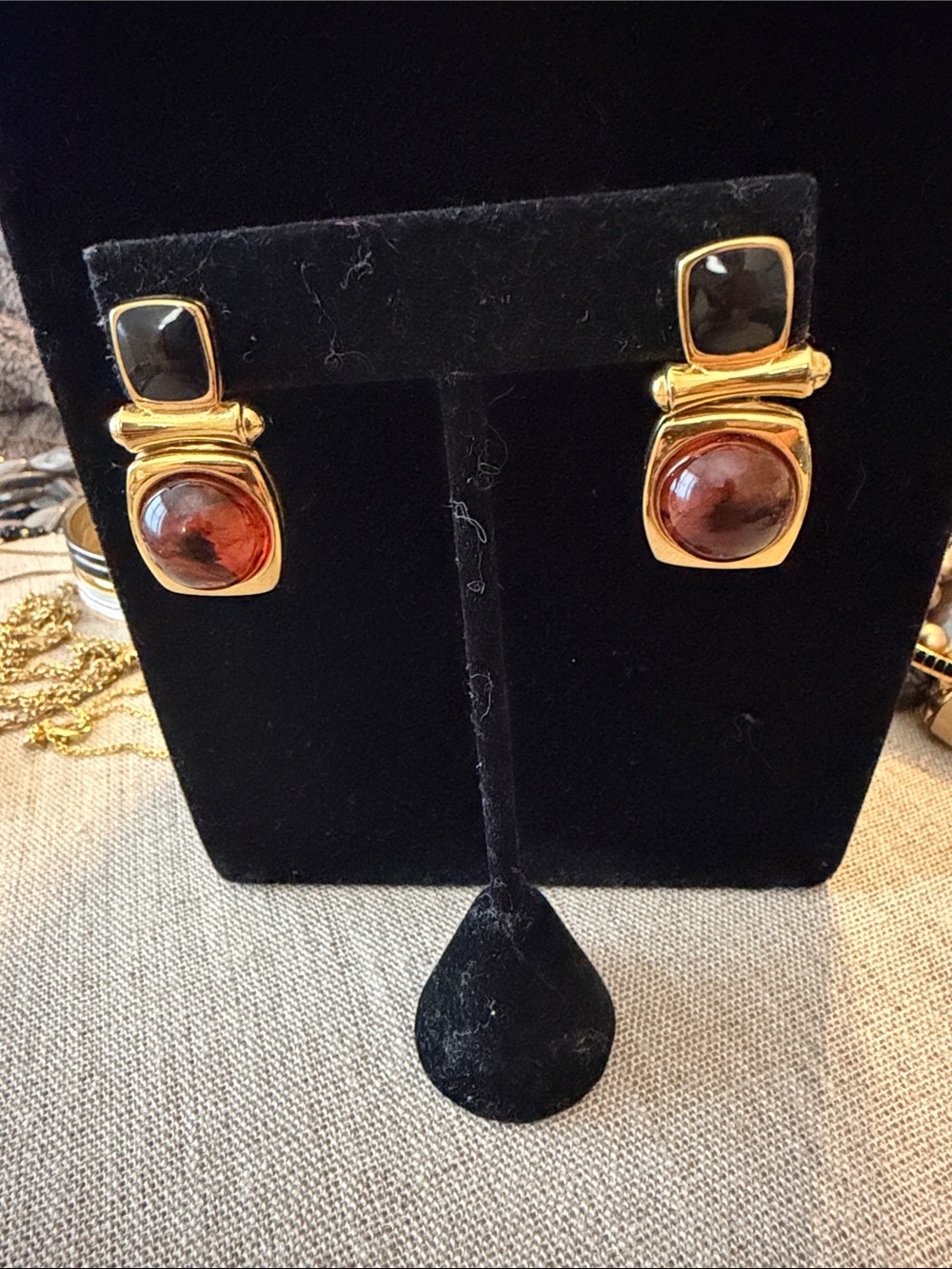 Joan Rivers Gold-Tone Earrings with Brown Cabochon and Black Accents